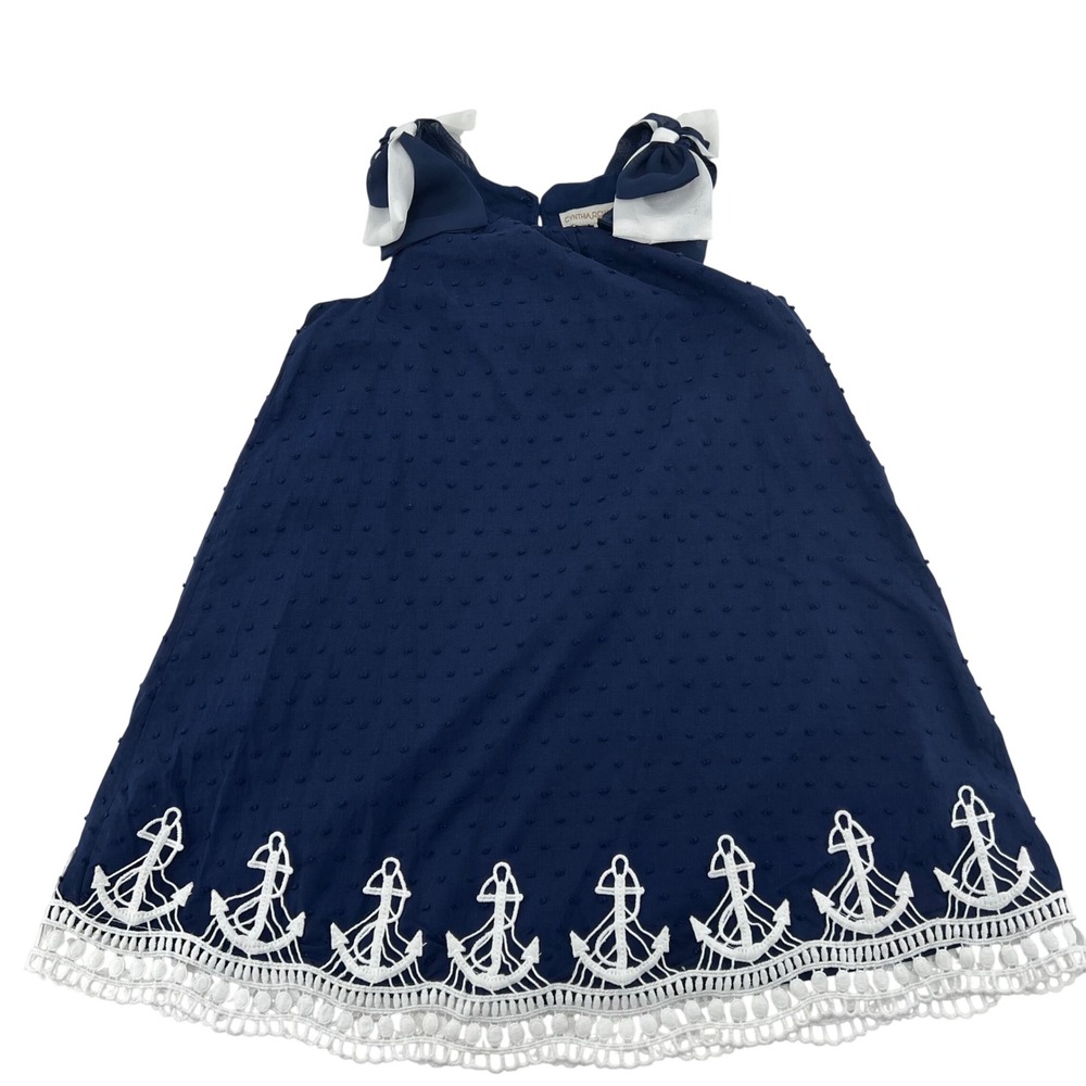 Cynthia Rowley Girls Navy‎ Blue Swiss Dot Nautical Anchor Bow Dress Size 6